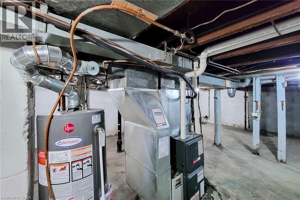 Mechanical room featuring a water heater, furnace, and exposed ductwork - 463 Wellington Street N, Hamilton, ON - Indoor Photo Showing Basement