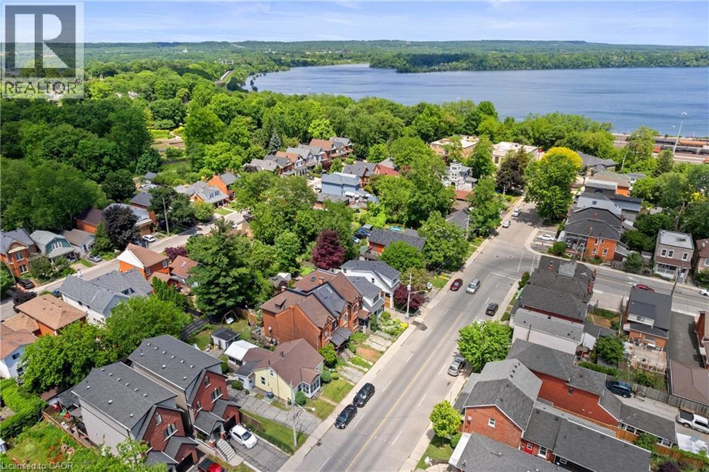 Residential properties featuring varied architectural styles and dark shingle roofing, set amidst mature green trees - 193 Locke Street N, Hamilton, ON - Outdoor With Body Of Water With View