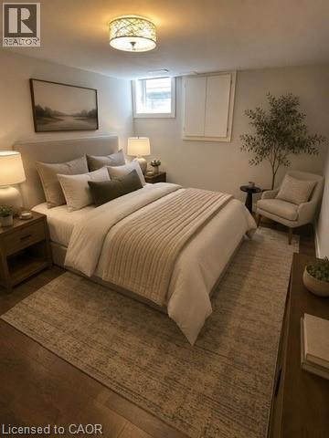 Virtually Staged Lower Unit. Bedroom featuring wood-finish flooring, a contemporary flush-mount ceiling light fixture, and a window with white trim - 39 Forestgate Drive, Hamilton, ON