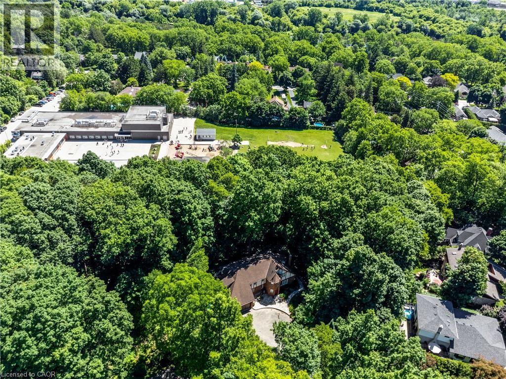 Aerial perspective showcasing a residential property nestled among mature trees - 110 Grand Ridge Drive, Cambridge, ON