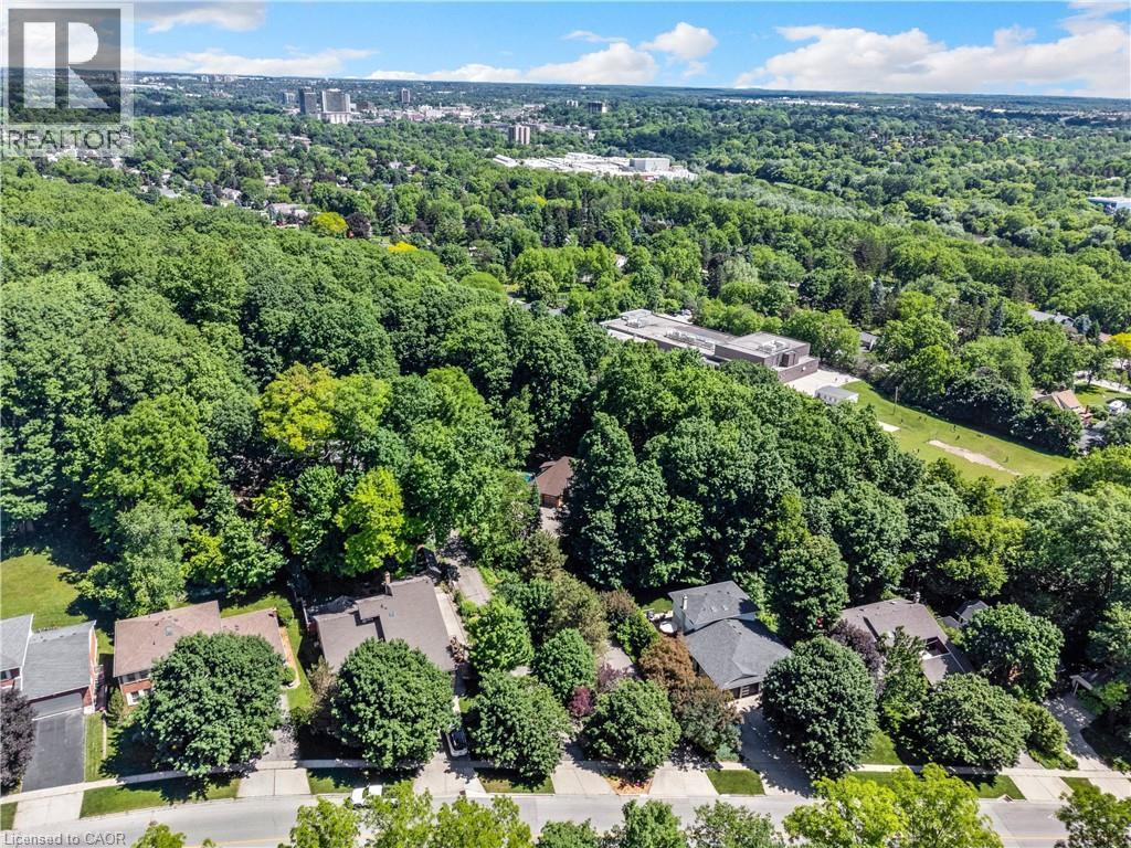 Expansive aerial showcasing a verdant landscape with mature trees and established residential properties - 110 Grand Ridge Drive, Cambridge, ON