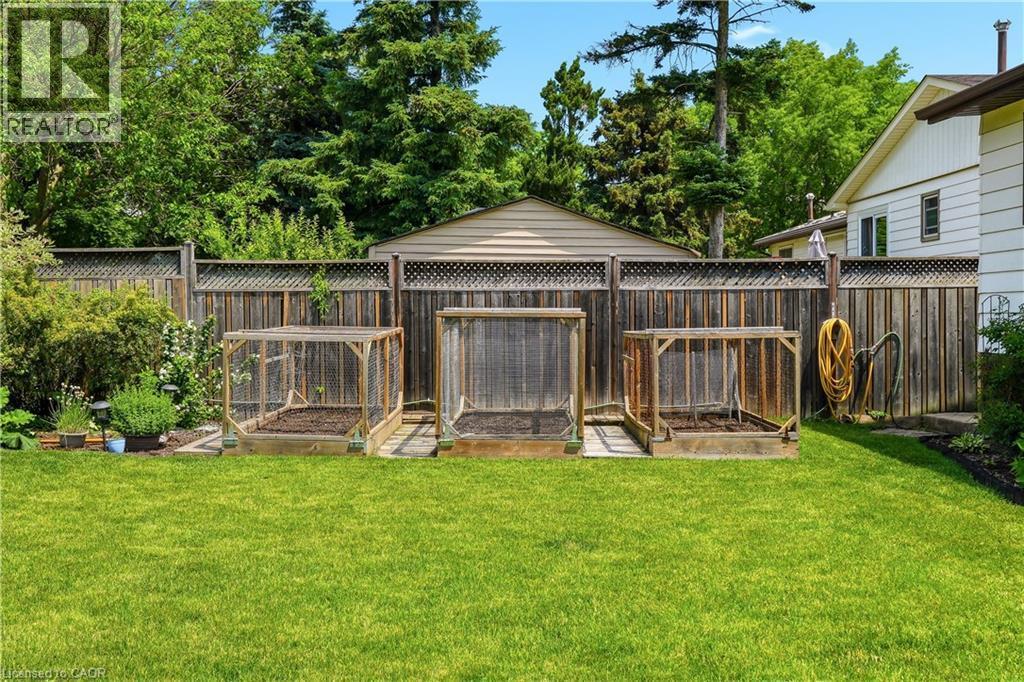 Expansive grassy backyard featuring a full-height wood privacy fence with lattice top, three raised garden beds with protective frames, and a detached shed structure - 4277 Longmoor Drive, Burlington, ON