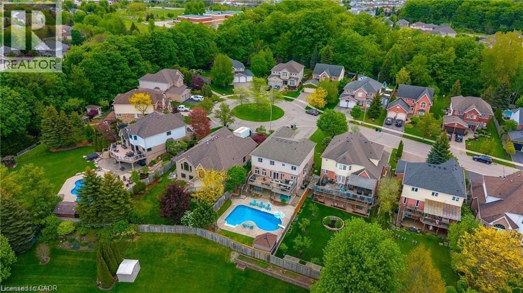 Residential area featuring multiple properties with diverse architectural styles, mature trees, and private swimming pools - 26 Shadyridge Place, Kitchener, ON