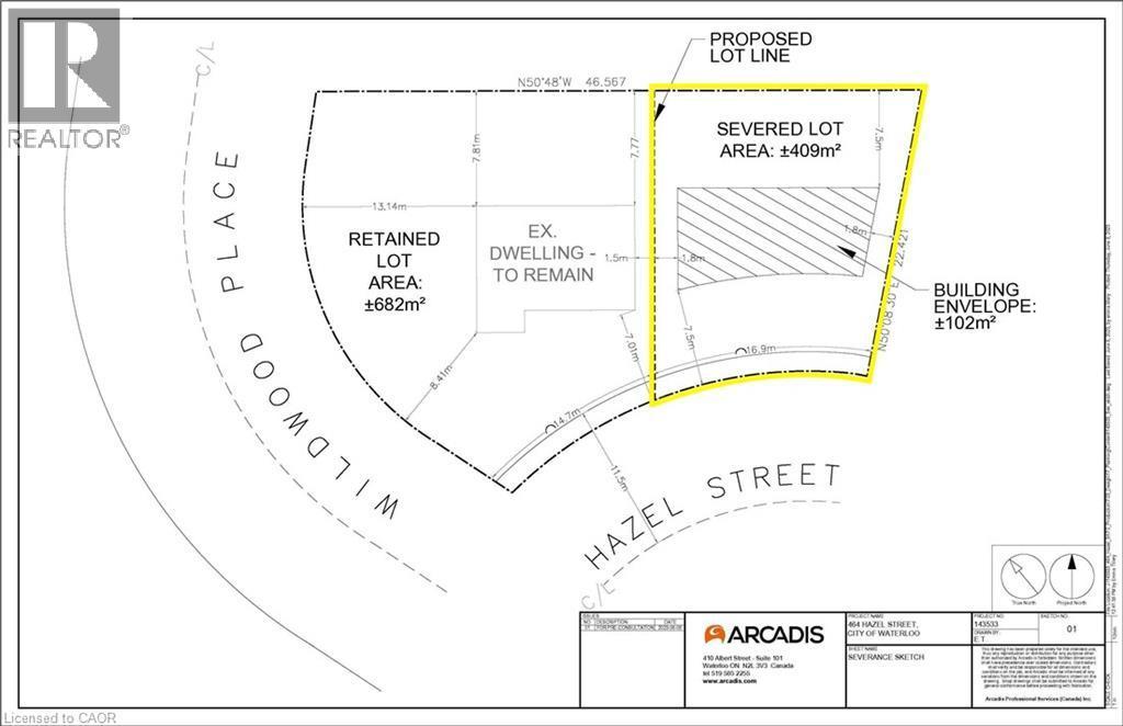 Severance Sketch. Illustrating the proposed lot line and areas for the retained and severed portions of the property - 462 Hazel Street, Waterloo, ON