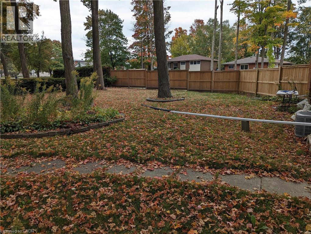 Expansive backyard featuring a wood fence, mature trees, and a concrete pathway - 462 Hazel Street, Waterloo, ON