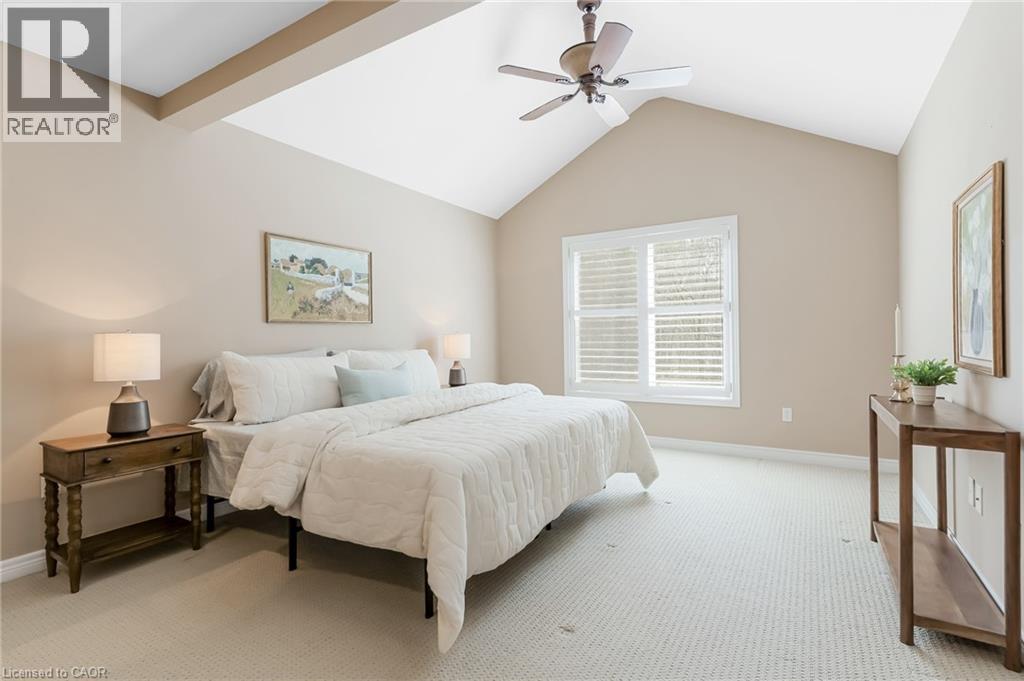 Vaulted ceiling with exposed beam and ceiling fan - 227 Chestnut Hill Crescent, Kitchener, ON - Indoor Photo Showing Bedroom