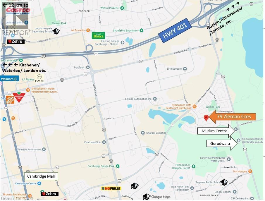 Map of property and few key points based on Google Maps - 79 Zieman Crescent, Cambridge, ON