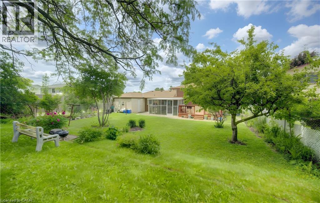 Expansive backyard featuring a manicured lawn, established trees, and mature landscaping - 619 Forest Hill Drive, Kitchener, ON