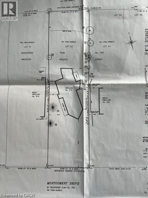 Survey Plan. Illustrating property boundaries, lot numbers, and geographic features for the subject property - 919 Montgomery Drive, Ancaster, ON