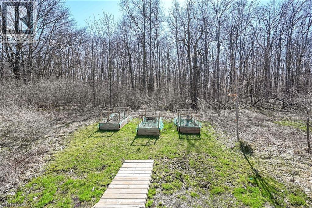 Wooded property with three raised garden beds and a timber walkway - 149 Kinsman Drive, Binbrook, ON