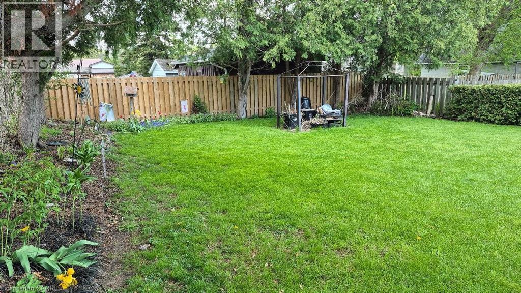 Expansive grassy yard with mature perimeter trees, a wood privacy fence, and a hedge row - 257 Cedar Street, Simcoe, ON - Outdoor