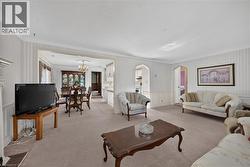 Spacious living area featuring carpet flooring, decorative wainscoting, and an open archway leading to the dining space -