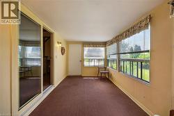 Enclosed sunroom featuring a sliding glass door, multiple large windows with horizontal blinds, neutral-toned walls, and brown carpet flooring -