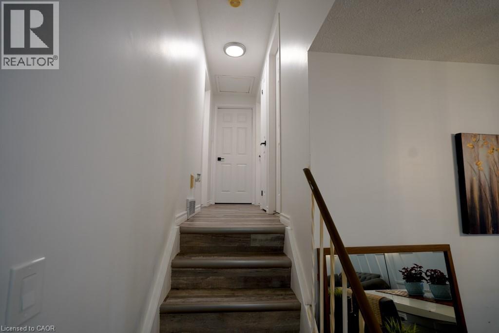 Staircase featuring wood-finish treads and risers with a white handrail - 147 Muriel Crescent, London, ON