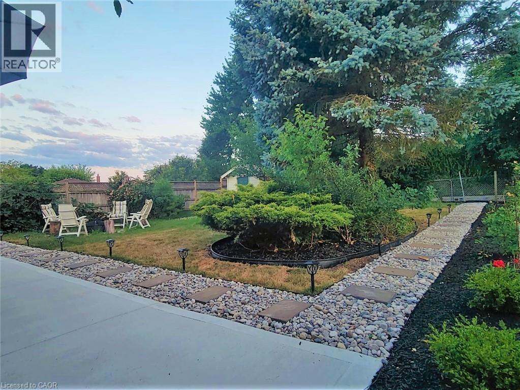 Expansive backyard featuring a concrete patio, a winding stone path with stepping stones, and mature trees - 147 Muriel Crescent, London, ON