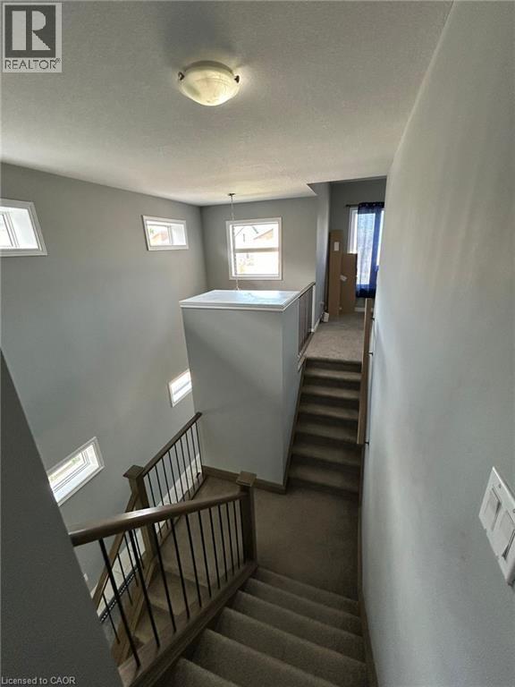 Multi-level staircase featuring carpeted treads and risers, wood-finish handrails, and black metal balusters - 766 Freeport Street, London, ON