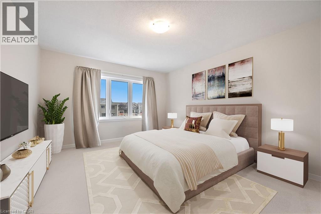 Carpeted bedroom featuring a large window, neutral wall tones, a ceiling-mounted light fixture, and a built-in entertainment console - 61 Vanilla Trail, Thorold, ON