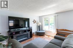 Living space featuring wood-finish flooring, light grey walls, and a large window - 