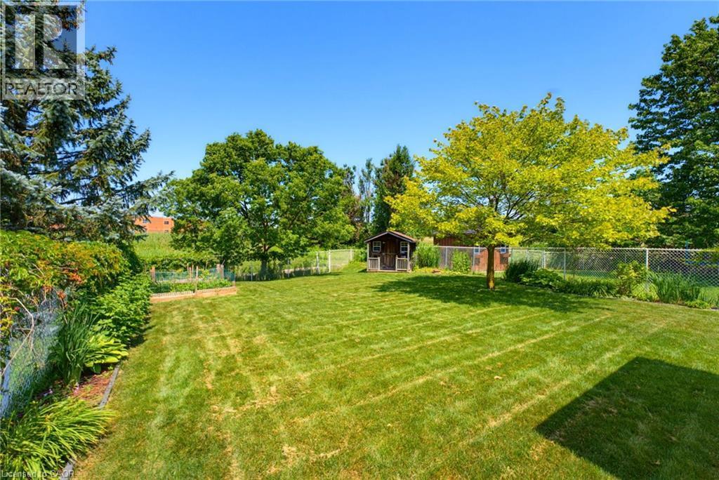 Expansive lawn area featuring a storage shed, mature trees, a raised garden bed, and a chain-link fence - 520 Mayflower Street, Waterloo, ON - Outdoor