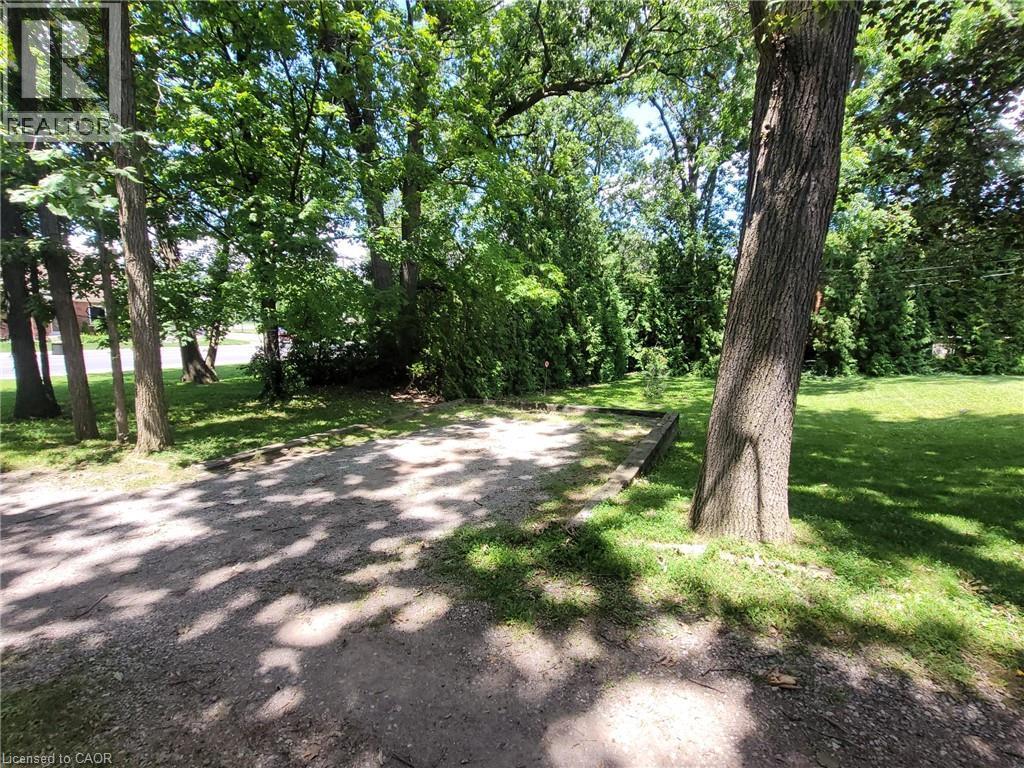 Gravel driveway with a retaining timber border, bordered by a substantial tree and verdant lawn - 879 West 5Th Street, Hamilton, ON - Outdoor