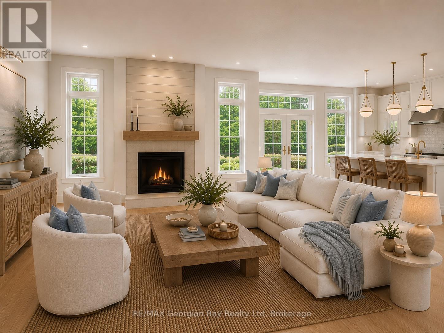 Great Room/Kitchen - Virtually Staged - 6 Beaufort Crescent, Tiny, ON - Indoor Photo Showing Living Room With Fireplace