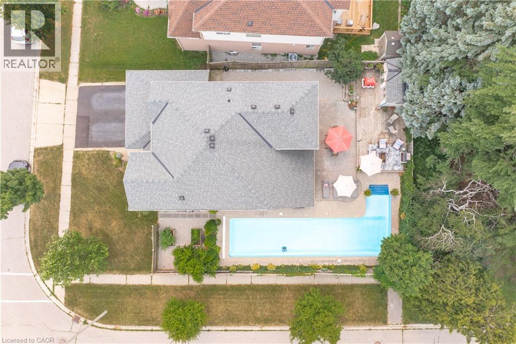Expansive backyard featuring an in-ground swimming pool, a patio area, and mature perimeter trees - 79 Beaverbrook Crescent, Cambridge, ON - With View
