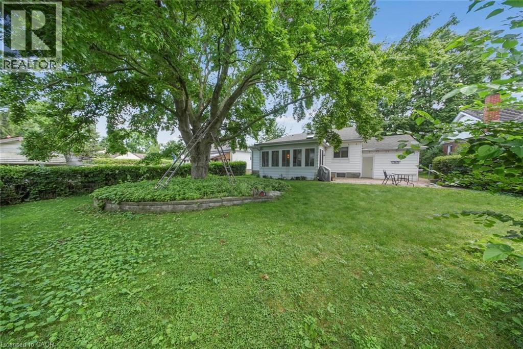 Expansive green lawn featuring a large mature tree with a raised stone planter base - 1063 Joan Drive, Burlington, ON - Outdoor