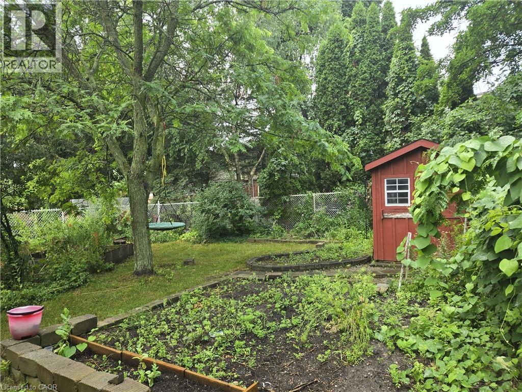 Expansive backyard featuring a red storage shed, mature trees, tiered landscaping, a visible planting bed, and a chain-link fence - 67 Pinemeadow Crescent, Waterloo, ON - Outdoor