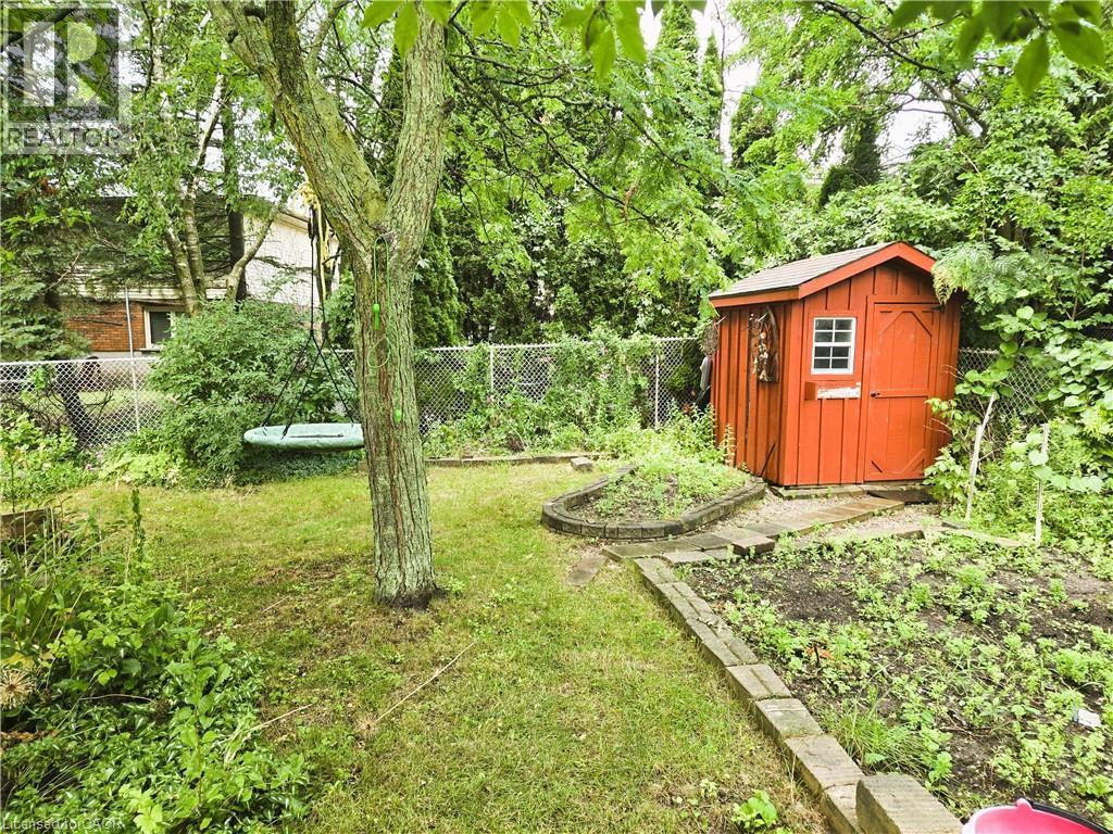Expansive backyard featuring a mature tree, a red wooden storage shed with a window, and defined garden beds - 67 Pinemeadow Crescent, Waterloo, ON - Outdoor