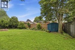 Expansive backyard featuring a manicured lawn, established trees, a blue storage shed, and a stone-lined fire pit area -