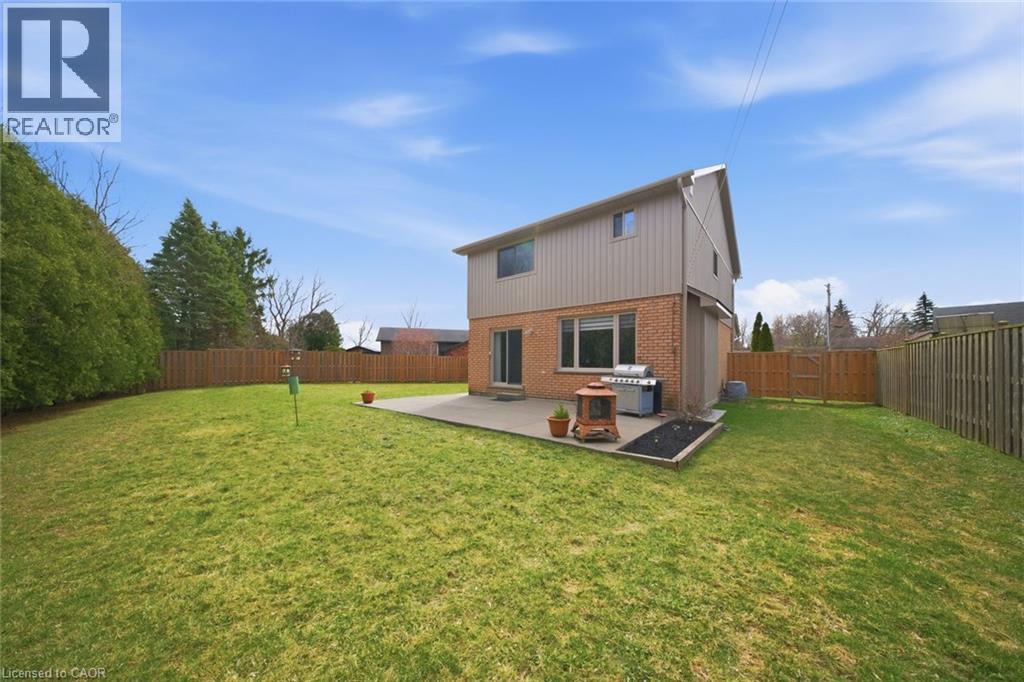 Expansive rear lawn framed by a wooden privacy fence and mature evergreen hedging - 200 Morrison Drive, Caledonia, ON - Outdoor With Backyard