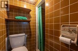 Bathroom featuring brown tiled walls, a white toilet, and a shower area with a green shower curtain - 