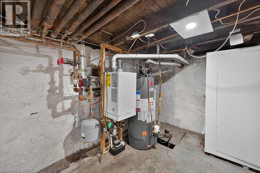 Utility area featuring exposed copper piping, a water heater, and a water purification system - 103 Mary Street, Hamilton, ON - Indoor Photo Showing Basement