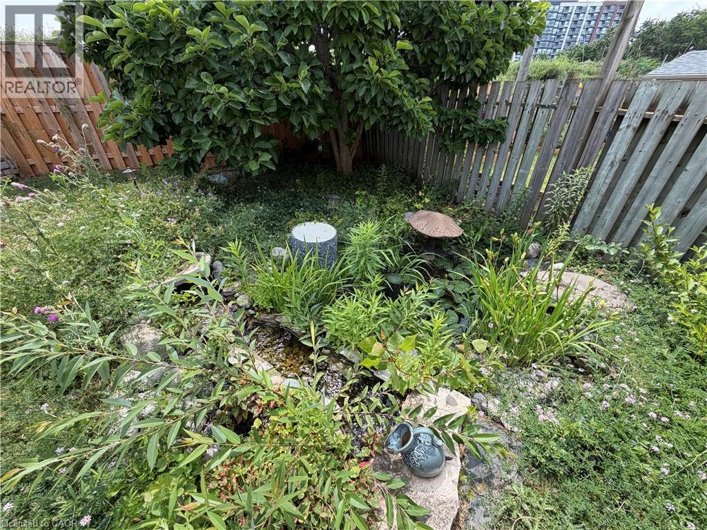 Landscaped garden area featuring a rock-lined water feature, mature tree, and varied plantings - 436 Gatestone Boulevard, Waterloo, ON - Outdoor