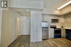 Kitchen featuring wood-finish flooring, light-toned cabinetry, stainless steel appliances, and white countertops -