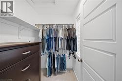 Walk-in closet featuring a built-in dark wood-finish dresser with silver-tone hardware, white shelving, and carpet flooring - 