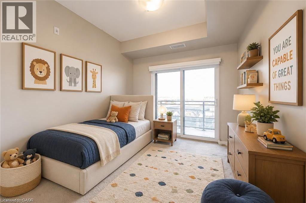 Bedroom with light-colored walls, a sliding glass door, and carpeted flooring - 255 Northfield Drive E Unit# 302, Waterloo, ON - Indoor Photo Showing Bedroom