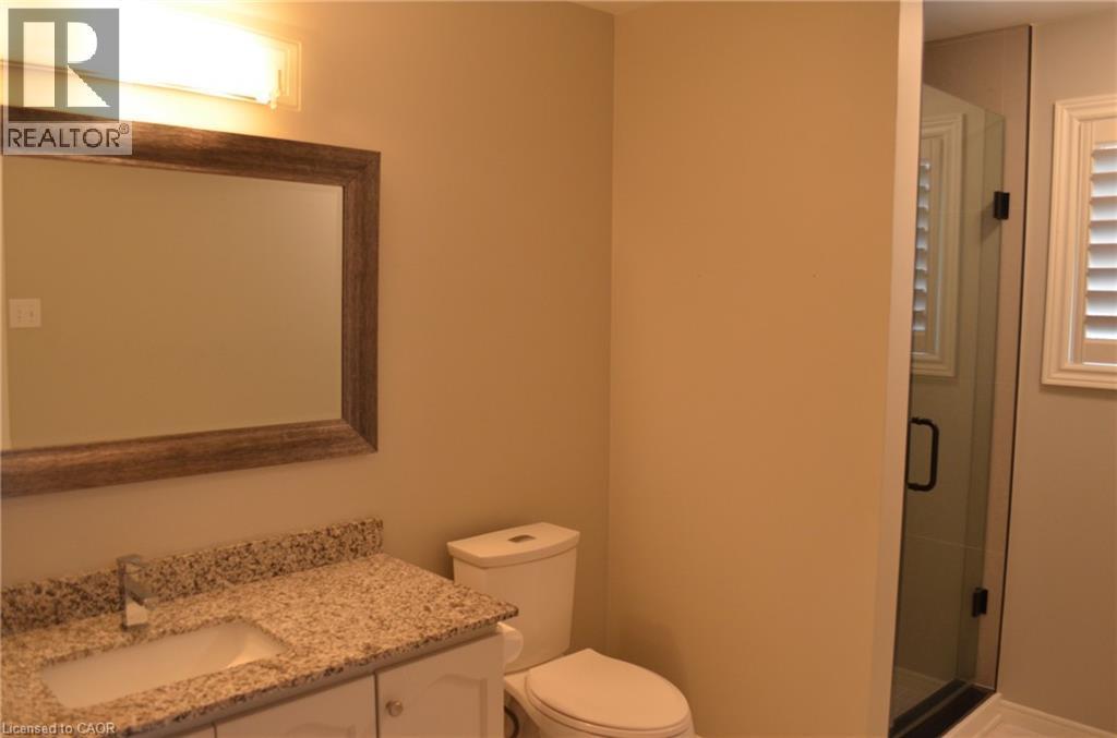 Bathroom featuring a framed mirror, vanity with a stone-finish countertop and undermount sink, toilet, and a glass-enclosed shower with interior window shutters - 275 Locheed Drive Unit# Lower, Hamilton, ON - Indoor Photo Showing Bathroom