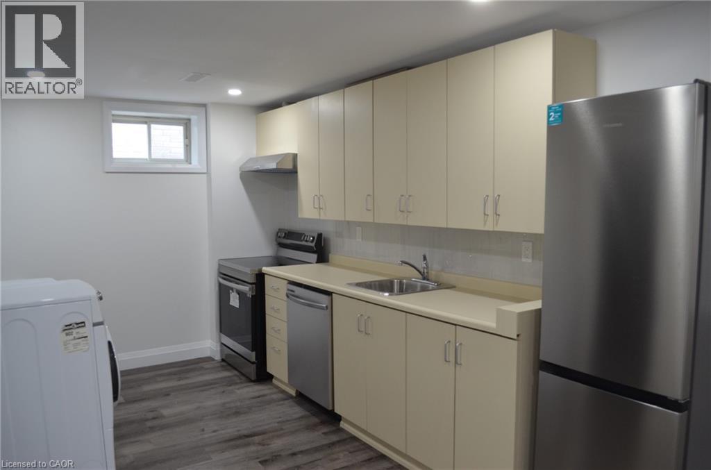 Kitchen area featuring extensive cabinetry, stainless steel appliances, a double basin sink, and wood-finish flooring - 275 Locheed Drive Unit# Lower, Hamilton, ON - Indoor Photo Showing Kitchen