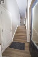Entryway featuring wood-finish flooring extending to the staircase, a white paneled door, and a dark-framed entry door with frosted glass - 