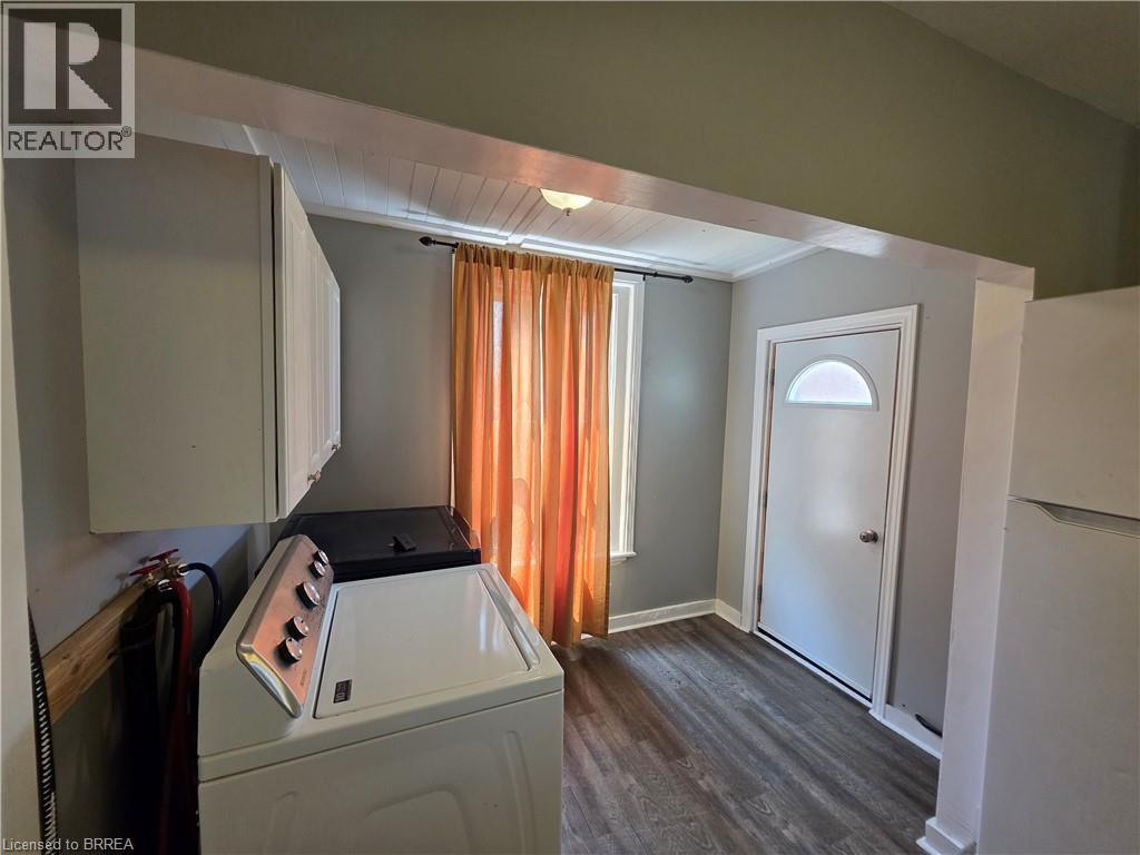 Dedicated laundry area featuring white upper cabinetry and wood-finish flooring - 109 Sydenham Street, Brantford, ON - Indoor Photo Showing Laundry Room