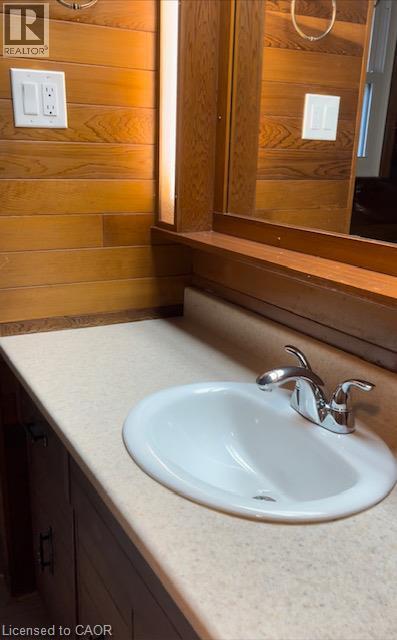 Bathroom vanity featuring a drop-in sink with a chrome faucet, light-toned countertop, and wood paneling - 48 Austin Drive Unit# Upper, Waterloo, ON - Indoor Photo Showing Bathroom