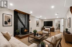 Virtually staged family room with wood stove - 