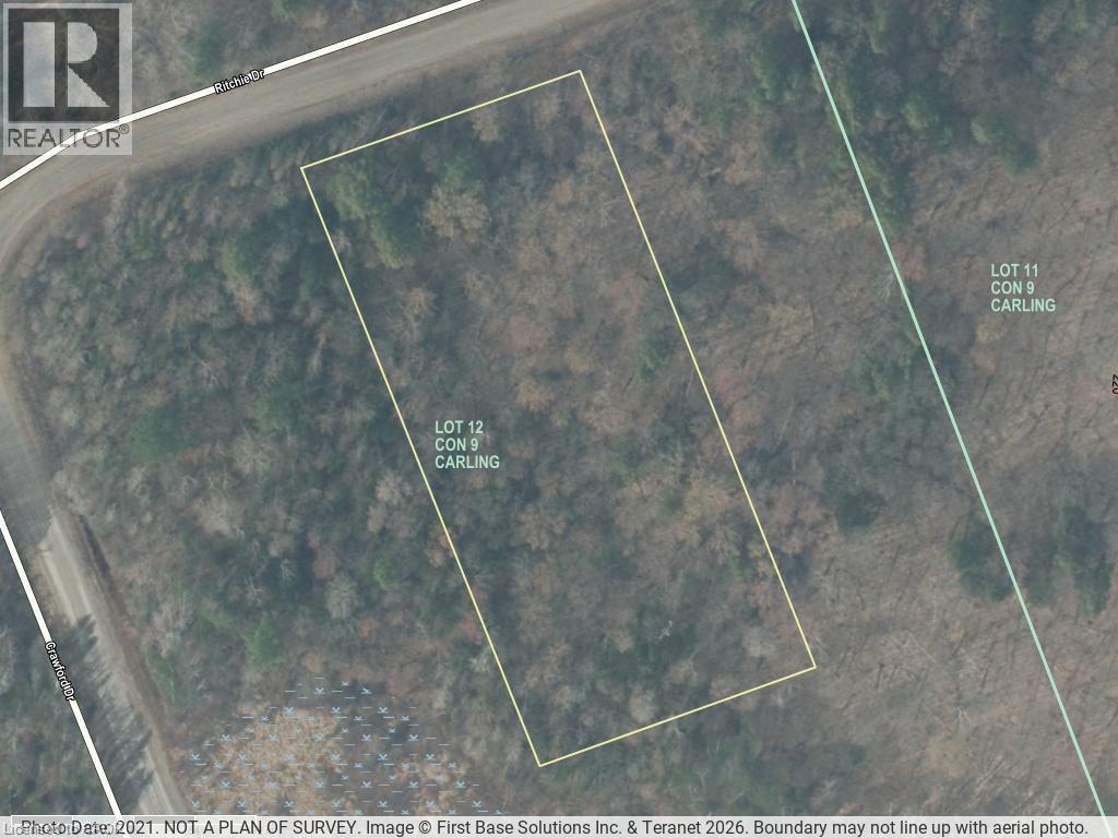 Aerial Image. Depicting the outlined boundaries of the property, identified as Lot 12 Con 9 Carling, along with an adjacent lot, Lot 11 Con 9 Carling, and including a disclaimer regarding boundary acc - 20 Ritchie Drive, Carling, ON