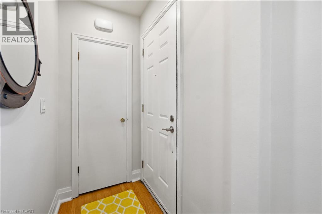 Entryway featuring wood-finish flooring, a white paneled door, and a built-in overhead light fixture - 18 Ipswich Place, Hamilton, ON - Indoor Photo Showing Other Room