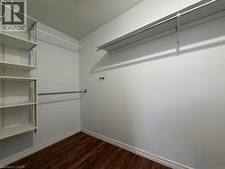 Walk-in closet featuring wood-finish flooring, white walls, and built-in shelving -