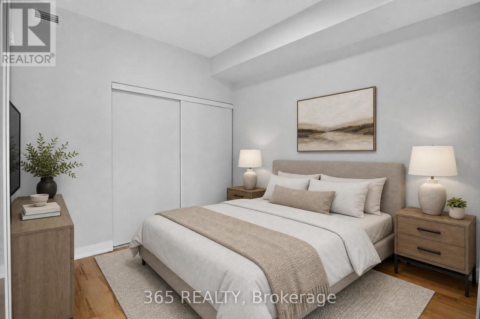 Virtually Staged Primary Bedroom - 405 - 90 Glen Everest Road, Toronto, ON - Indoor Photo Showing Bedroom
