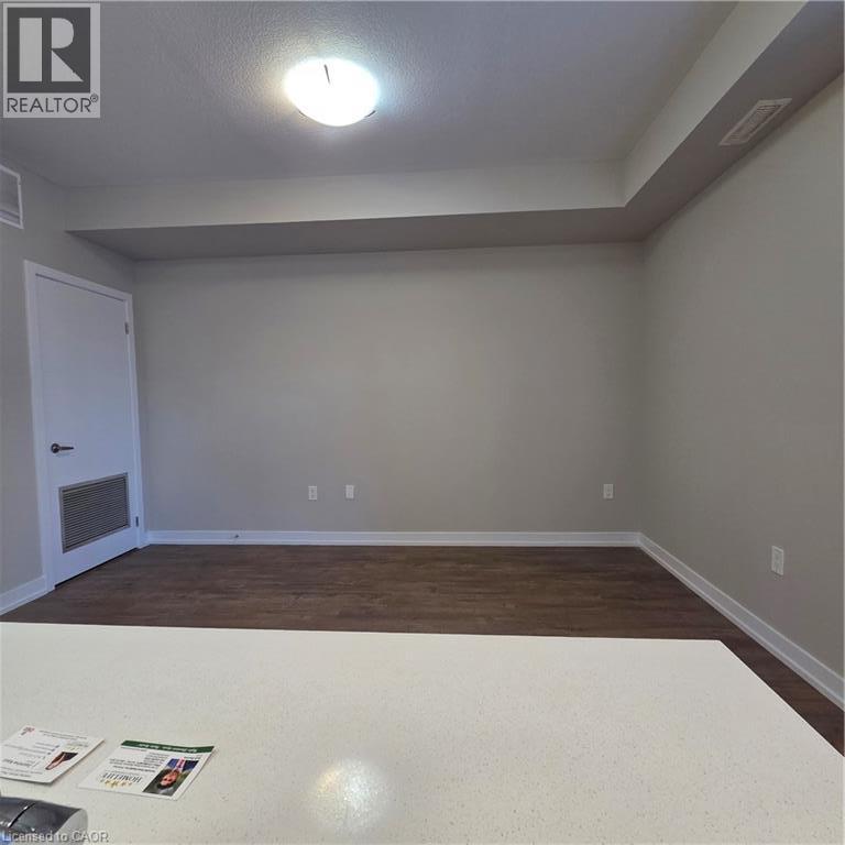 Spacious room featuring wood-finish flooring, light grey painted walls, white trim, and a white flush-mount ceiling light - 20 Palace Place Unit# E9, Kitchener, ON - Indoor Photo Showing Other Room