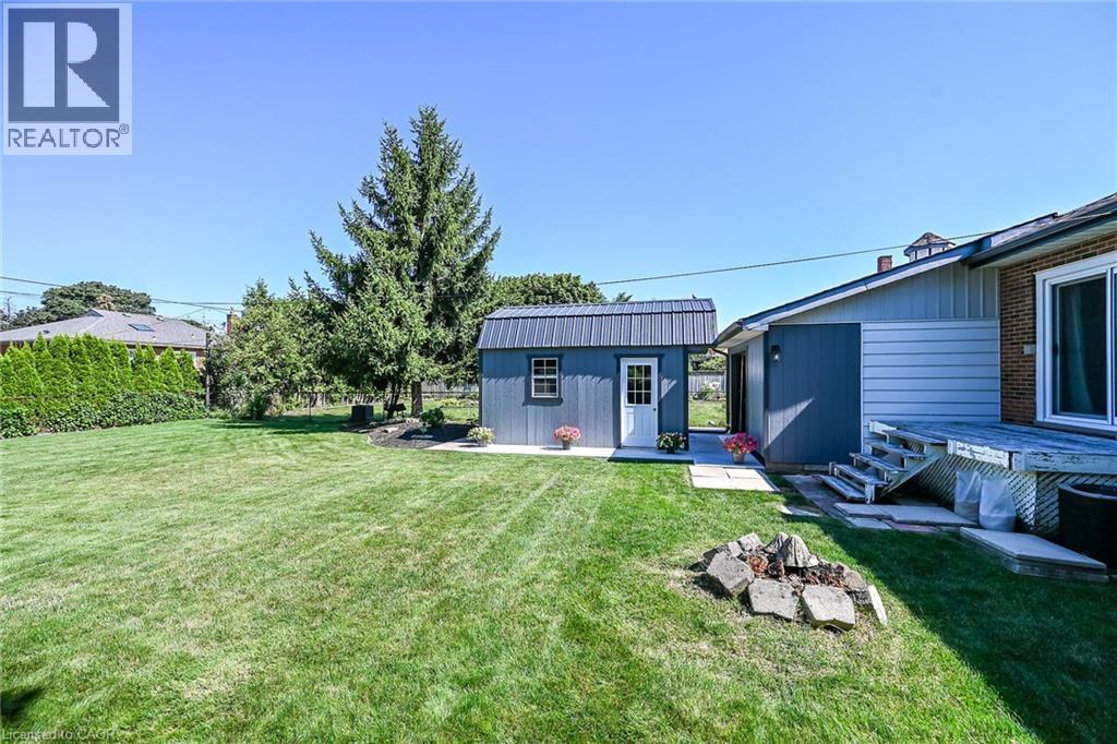 Spacious backyard featuring a lush lawn, mature evergreen tree, and a detached shed with a metal roof - 386 Upper Kenilworth Avenue, Hamilton, ON - Outdoor