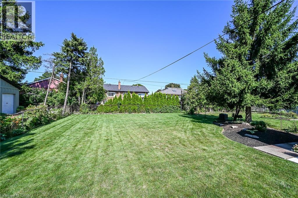 Expansive backyard featuring a large green lawn, mature perimeter trees, and a decorative garden bed with dark mulch - 386 Upper Kenilworth Avenue, Hamilton, ON - Outdoor